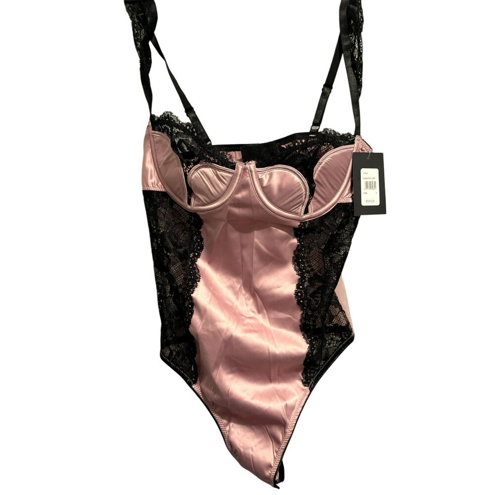 Frederick's of Hollywood Ilana Pink Black Lace Teddy Bodysuit Women's Size Small